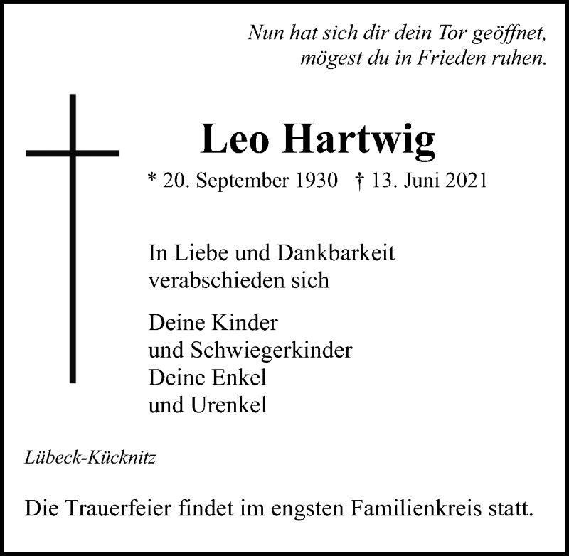  Traueranzeige für Leo Hartwig vom 20.06.2021 aus Lübecker Nachrichten