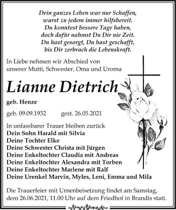 Traueranzeige von Lianne Dietrich von Leipziger Volkszeitung