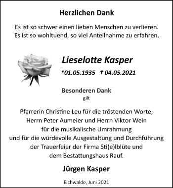 Traueranzeige von Lieselo!e Kasper von Märkischen Allgemeine Zeitung