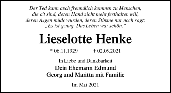 Traueranzeige von Lieselotte Henke von Ostsee-Zeitung GmbH