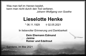 Traueranzeige von Lieselotte Henke von Ostsee-Zeitung GmbH