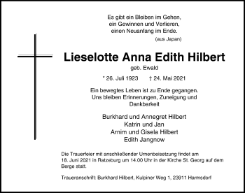 Traueranzeige von Lieselotte Anna Edith Hilbert von Lübecker Nachrichten