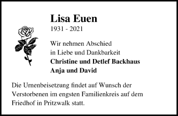 Traueranzeige von Lisa Euen von Märkischen Allgemeine Zeitung