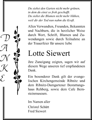 Traueranzeige von Lotte Siewert von Ostsee-Zeitung GmbH