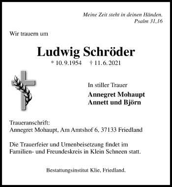 Traueranzeige von Ludwig Schröder von Göttinger Tageblatt