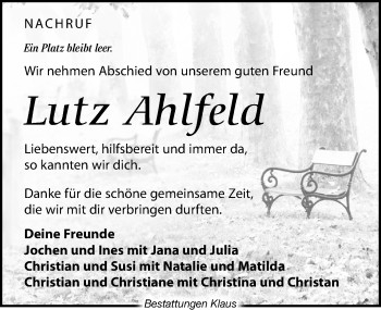 Traueranzeige von Lutz Ahlfeld von Leipziger Volkszeitung