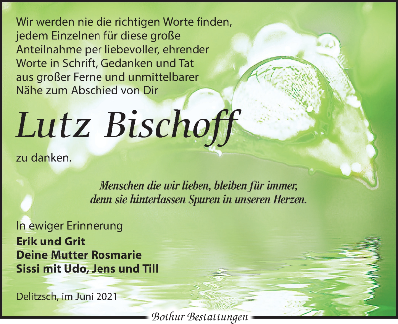  Traueranzeige für Lutz Bischoff vom 19.06.2021 aus Leipziger Volkszeitung