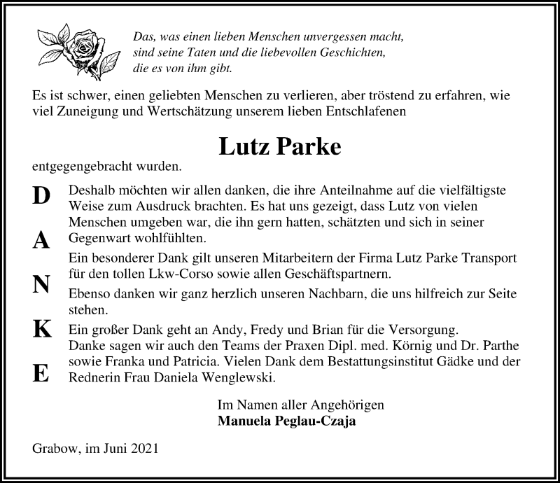  Traueranzeige für Lutz Parke vom 19.06.2021 aus Märkischen Allgemeine Zeitung