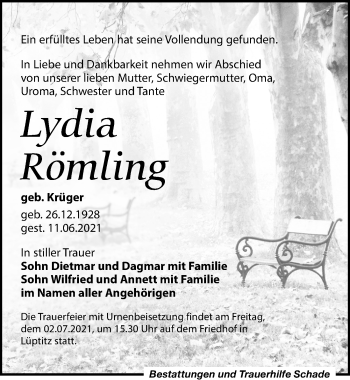 Traueranzeige von Lydia Römling von Leipziger Volkszeitung