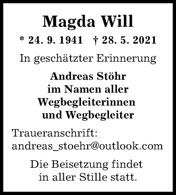 Traueranzeige von Magda Will von Kieler Nachrichten