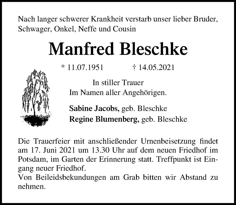  Traueranzeige für Manfred Bleschke vom 12.06.2021 aus Märkischen Allgemeine Zeitung