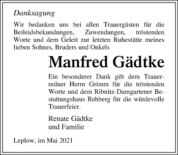 Traueranzeige von Manfred Gädtke von Ostsee-Zeitung GmbH