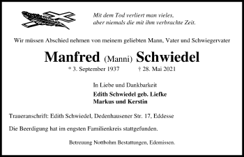 Traueranzeige von Manfred Schwiedel von Peiner Allgemeine Zeitung