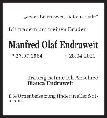 Traueranzeige von Manfred Olaf Endruweit von Hannoversche Allgemeine Zeitung/Neue Presse