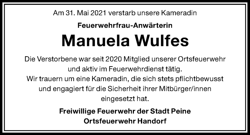  Traueranzeige für Manuela Wulfes vom 09.06.2021 aus Peiner Allgemeine Zeitung