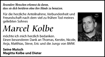 Traueranzeige von Marcel Kolbe von Leipziger Volkszeitung