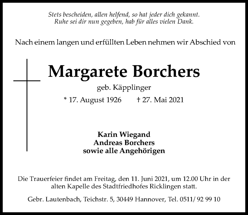  Traueranzeige für Margarete Borchers vom 05.06.2021 aus Hannoversche Allgemeine Zeitung/Neue Presse