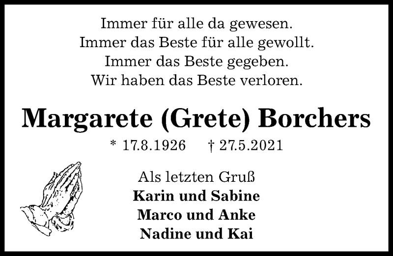  Traueranzeige für Margarete Borchers vom 09.06.2021 aus Hannoversche Allgemeine Zeitung/Neue Presse