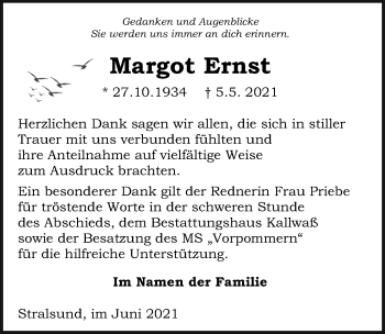 Traueranzeige von Margot Ernst von Ostsee-Zeitung GmbH
