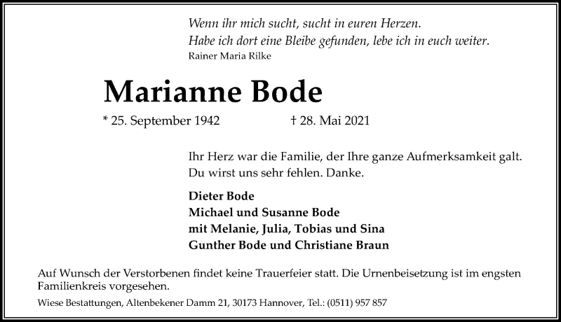  Traueranzeige für Marianne Bode vom 05.06.2021 aus Hannoversche Allgemeine Zeitung/Neue Presse