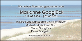 Traueranzeige von Marianne Godglück von Ostsee-Zeitung GmbH