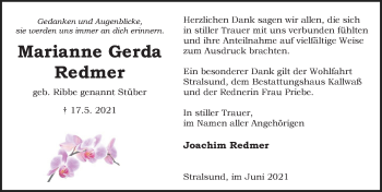 Traueranzeige von Marianne Gerda Redmer von Ostsee-Zeitung GmbH