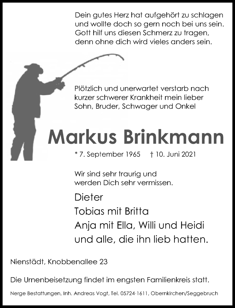  Traueranzeige für Markus Brinkmann vom 19.06.2021 aus Schaumburger Nachrichten