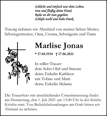 Traueranzeige von Marlise Jonas von Ostsee-Zeitung GmbH