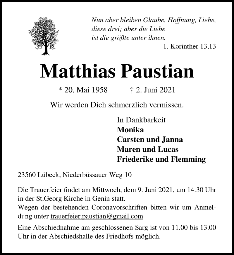  Traueranzeige für Matthias Paustian vom 06.06.2021 aus Lübecker Nachrichten