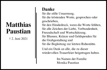 Traueranzeige von Matthias Paustian von Lübecker Nachrichten