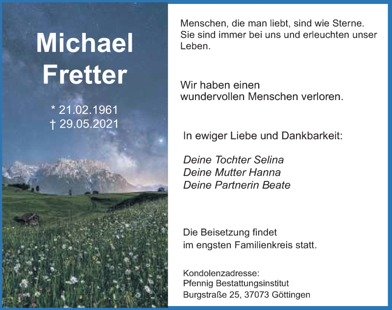  Traueranzeige für Michael Fretter vom 05.06.2021 aus Göttinger Tageblatt