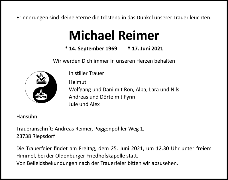  Traueranzeige für Michael Reimer vom 23.06.2021 aus Lübecker Nachrichten
