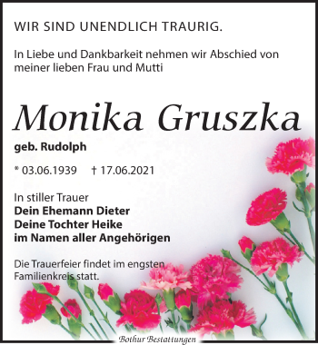 Traueranzeige von Monika Gruszka von Leipziger Volkszeitung