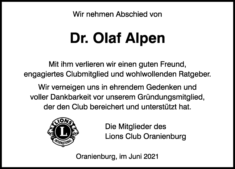  Traueranzeige für Olaf Alpen vom 26.06.2021 aus Märkischen Allgemeine Zeitung