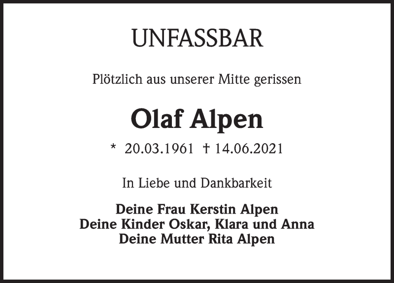  Traueranzeige für Olaf Alpen vom 19.06.2021 aus Märkischen Allgemeine Zeitung