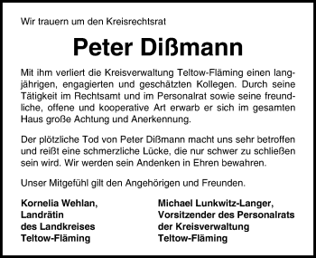 Traueranzeige von Peter Dißmann von Märkischen Allgemeine Zeitung