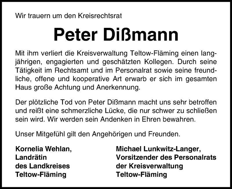  Traueranzeige für Peter Dißmann vom 19.06.2021 aus Märkischen Allgemeine Zeitung