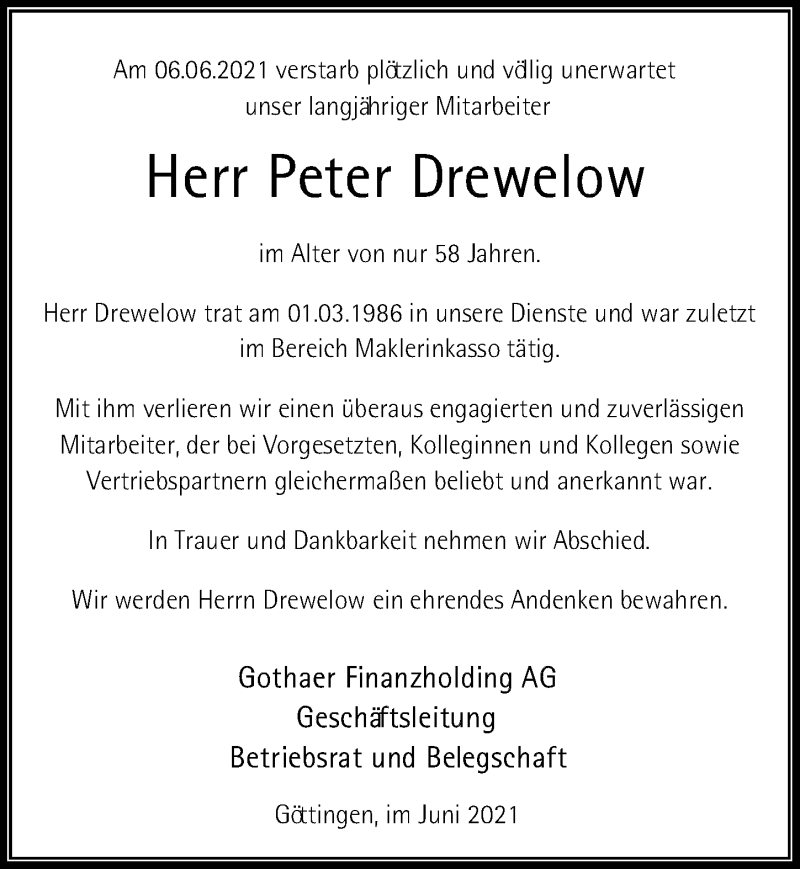  Traueranzeige für Peter Drewelow vom 19.06.2021 aus Göttinger Tageblatt