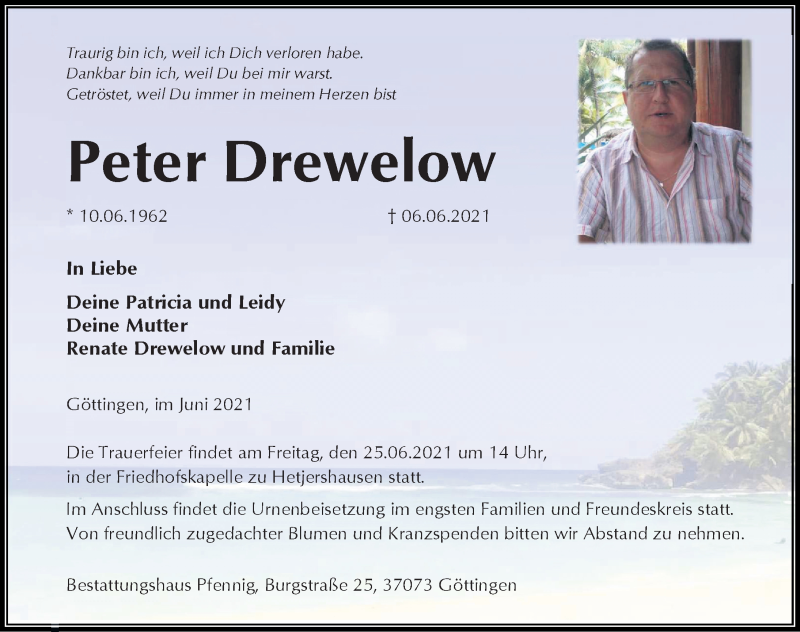  Traueranzeige für Peter Drewelow vom 19.06.2021 aus Göttinger Tageblatt