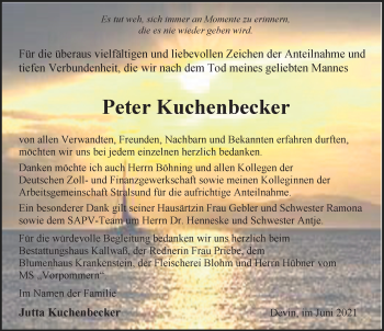 Traueranzeige von Peter Kuchenbecker von Ostsee-Zeitung GmbH