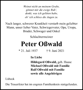 Traueranzeige von Peter Oßwald von Lübecker Nachrichten