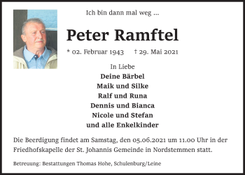 Traueranzeige von Peter Ramftel von Hannoversche Allgemeine Zeitung/Neue Presse