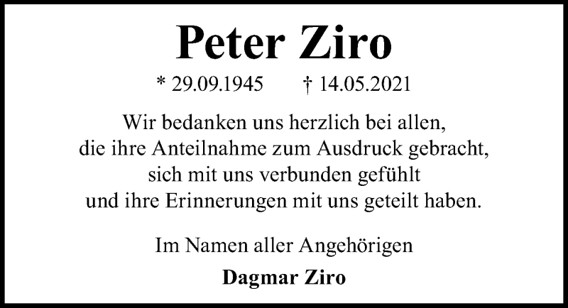  Traueranzeige für Peter Ziro vom 12.06.2021 aus Göttinger Tageblatt