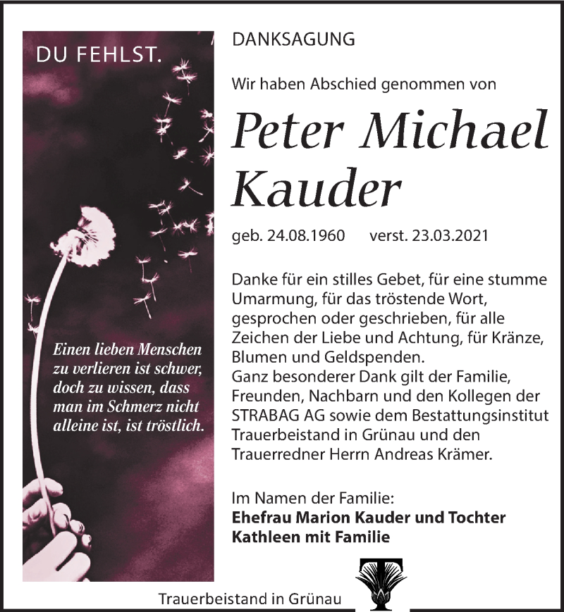  Traueranzeige für Peter Michael Kauder vom 29.05.2021 aus Leipziger Volkszeitung