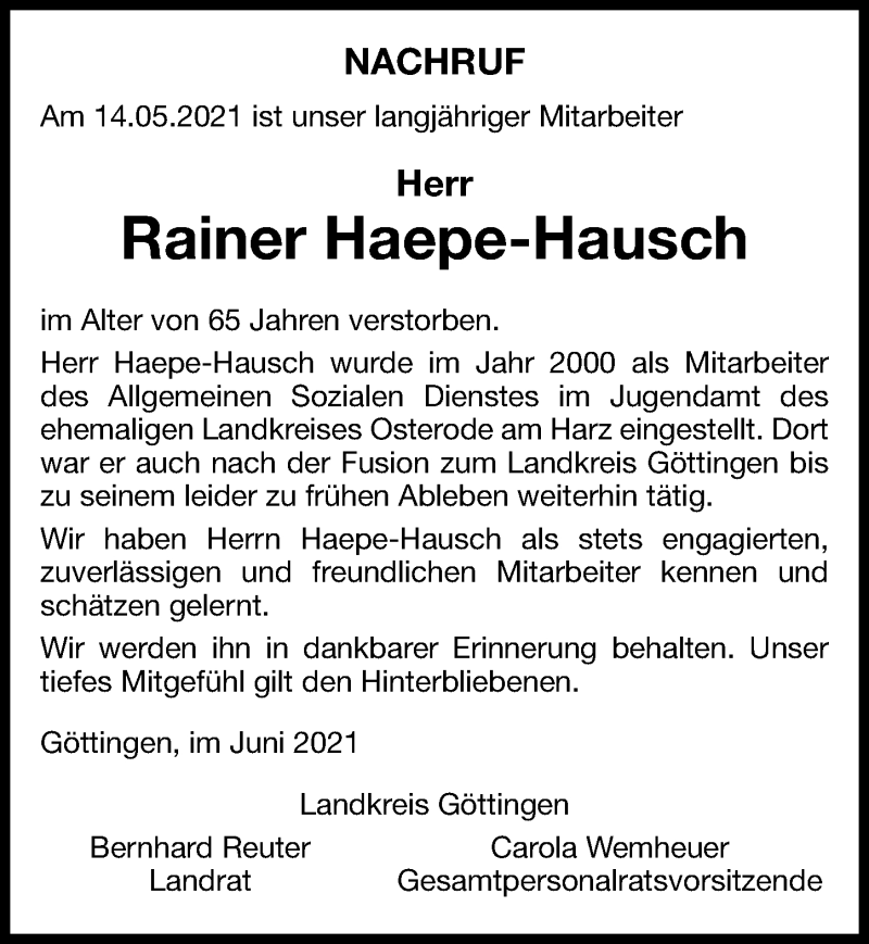  Traueranzeige für Rainer Haepe-Hausch vom 02.06.2021 aus Göttinger Tageblatt