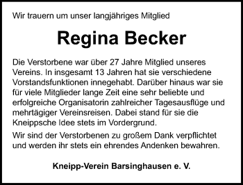 Traueranzeige von Regina Becker von Hannoversche Allgemeine Zeitung/Neue Presse