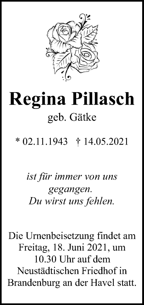  Traueranzeige für Regina Pillasch vom 12.06.2021 aus Märkischen Allgemeine Zeitung