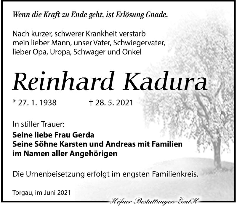  Traueranzeige für Reinhard Kadura vom 12.06.2021 aus Torgauer Zeitung