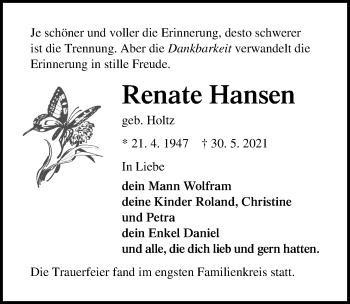 Traueranzeige von Renate Hansen von Ostsee-Zeitung GmbH