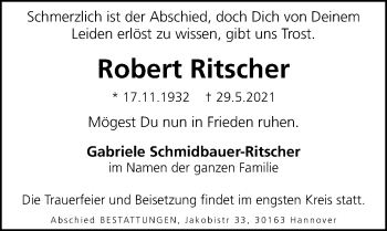 Traueranzeige von Robert Ritscher von Hannoversche Allgemeine Zeitung/Neue Presse
